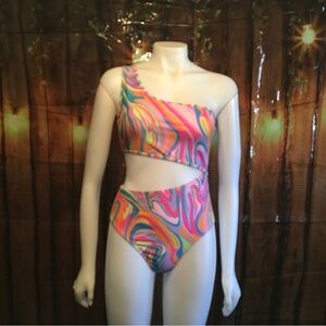 Pink and Orange One Piece Swimsuit with Asymmetrical Design